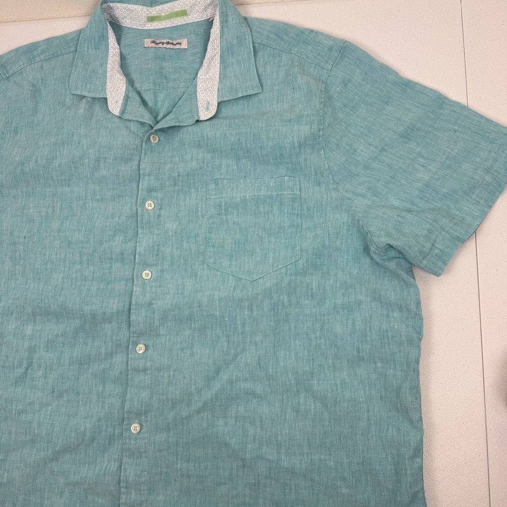 Tommy Bahama Mens XXL Aqua Teal Linen Blend‎ Short Sleeve Button Front Shirt - Picture 8 of 11